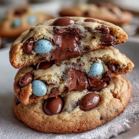 Cadbury Mini Egg Easter Chocolate Chip Cookies with gooey chocolate chips and colorful candy-coated eggs, perfect for festive spring baking.
