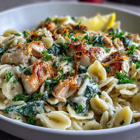 Creamy lemon orzo with chicken and spinach in a skillet, garnished with parsley and Parmesan, served steaming hot.