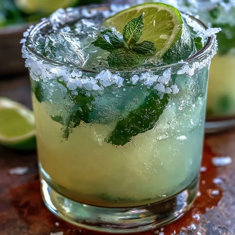 Vibrant Cinco de Mayo Margarita Mocktail with lime and salt rim, garnished with fresh mint and lime slices.