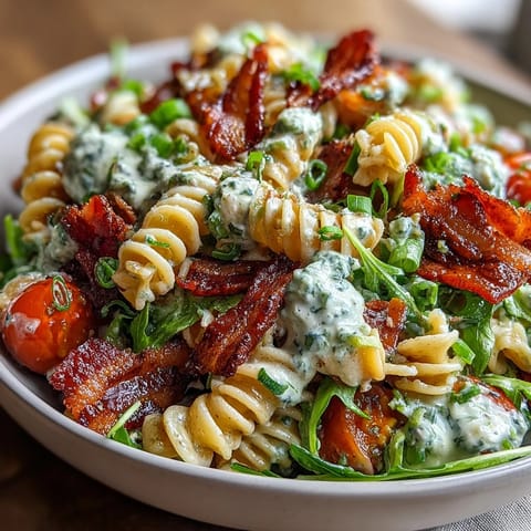 A vibrant BLT pasta salad with crispy bacon, ripe avocado, and juicy tomatoes, perfect for summer gatherings.