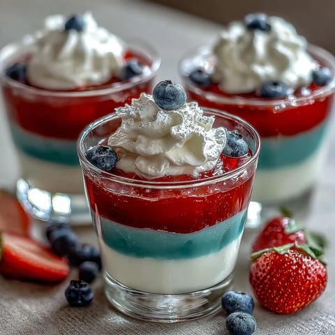 Red, white, and blue layered Jello cups in clear glasses, showing vibrant stripes of strawberry, creamy white, and blue raspberry gelatin, perfect for patriotic parties.