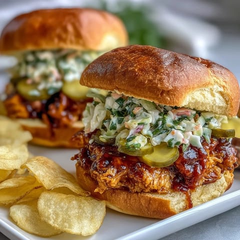 Juicy BBQ chicken sliders piled high with tangy coleslaw on soft toasted buns, perfect for 4th of July cookouts.  