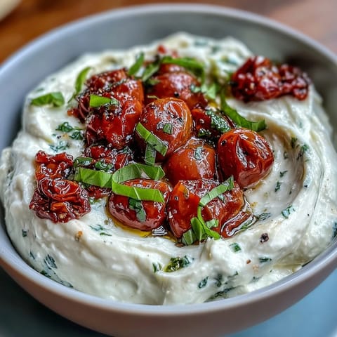 Creamy whipped feta dip with sweet roasted cherry tomatoes and fresh basil.  