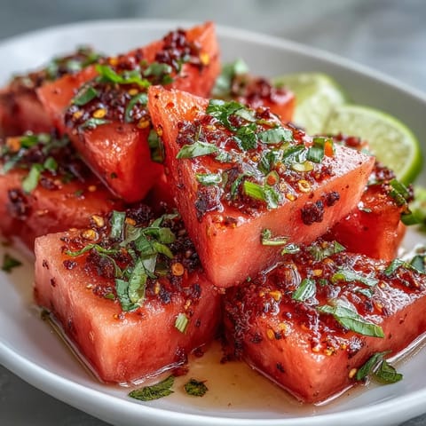 Juicy watermelon slices topped with zesty Tajin and fresh lime create a refreshing, spicy-sweet snack perfect for summer gatherings.