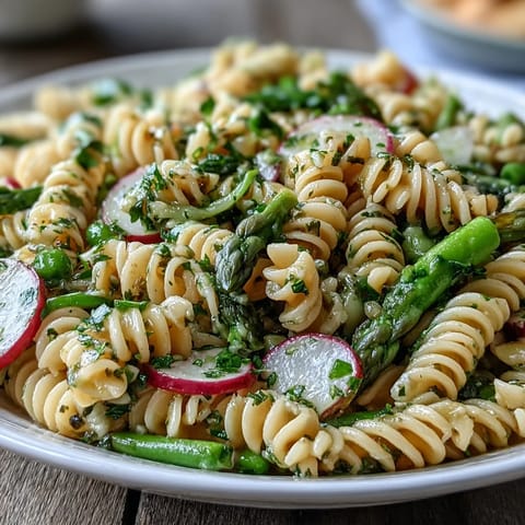 Fresh spring pasta salad with lemon vinaigrette, crisp radishes, and asparagus—vibrant, colorful, and perfect for picnics.