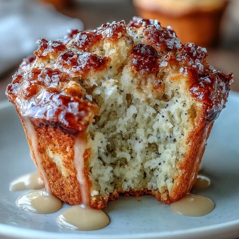 Bright Lemon Poppy Seed Muffins topped with glistening glaze and sugar sparkle.