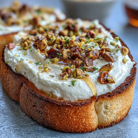 Creamy Whipped Ricotta Bruschetta with honey drizzle and crunchy pistachios.