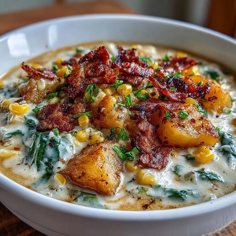Hearty Cabbage Corn Chowder with crispy bacon and tender potatoes in a creamy, smoky broth.  