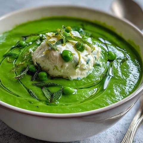 Creamy spring pea soup topped with airy whipped ricotta and fragrant mint oil, perfect for a light vegetarian meal.  