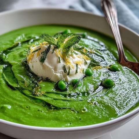 Bright green pea soup garnished with a dollop of lemon-zested ricotta and vibrant mint oil drizzle.  