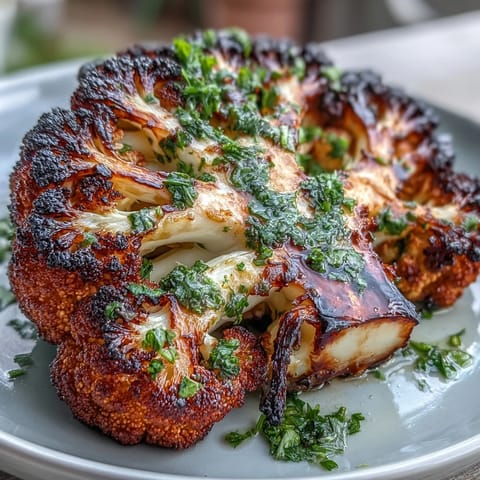 Golden-brown cauliflower steaks with bold grill marks, drizzled with zesty chimichurri sauce for a vegan main dish. Easy recipe.