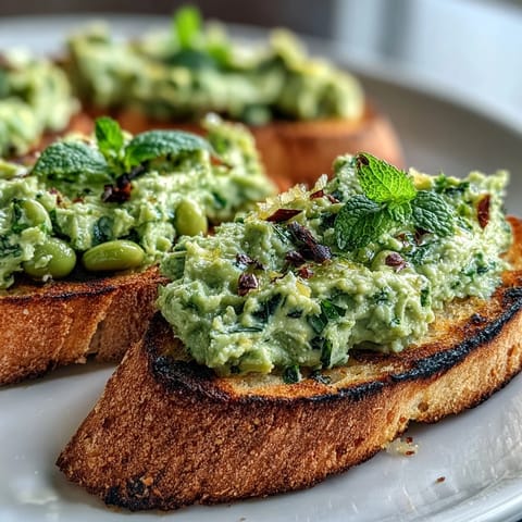 Fresh fava bean and mint bruschetta on grilled sourdough, garnished with lemon zest and olive oil.  