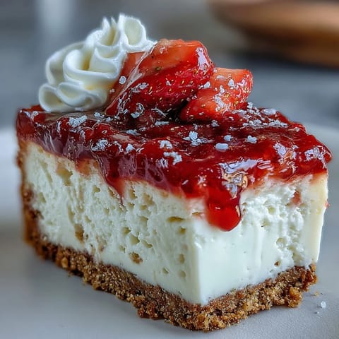 Creamy no-bake strawberry cheesecake with vibrant red berry sauce, a summer dessert dream.