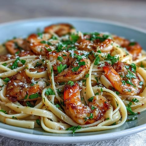 Shrimp scampi linguine, glistening with garlic butter wine sauce.