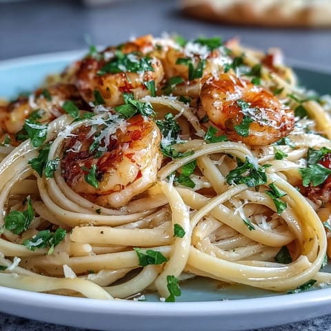 Tender shrimp tossed with linguine in a zesty white wine sauce.