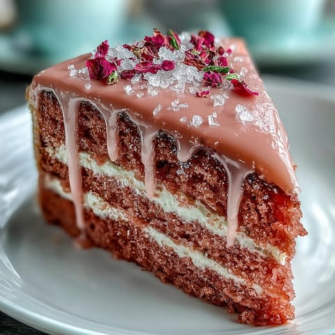 Pink Rosé Velvet Cake, a beautiful dessert drizzled with edible gold.
