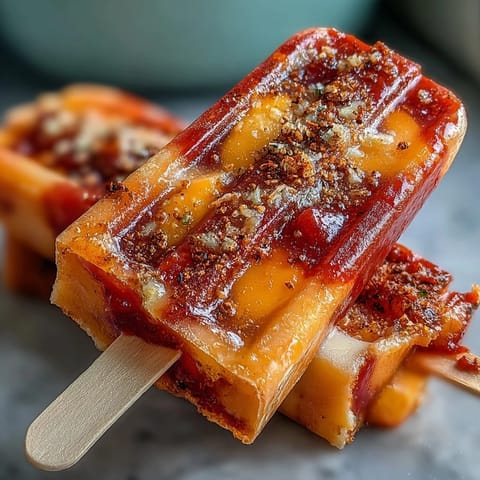 Vibrant Fricy Mango Chamoy Popsicles with Tajin, a refreshing frozen treat.