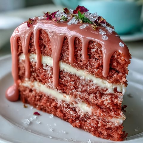 Elegant Bridal Shower Rosé Velvet Cake with shimmering gold drip.