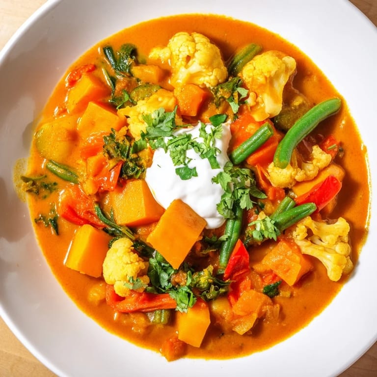 Fragrant Waste-Free Vegetarian Curry simmering in a pot, featuring mixed vegetables and a creamy coconut milk base.