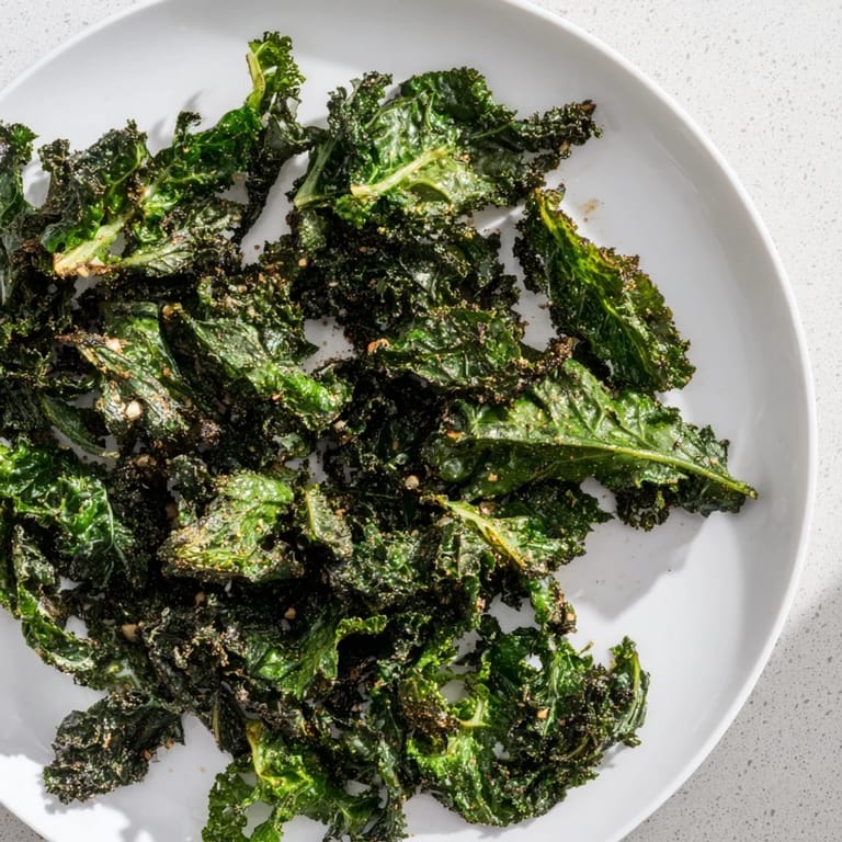 Freshly baked crispy kale chips, seasoned and ready to eat, are a vegan-friendly, flavorful treat.