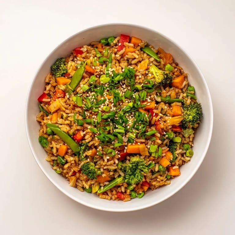 A close-up view of a delicious Crispy Vegetable Fried Rice Bowl, ready to be enjoyed as a weeknight dinner.