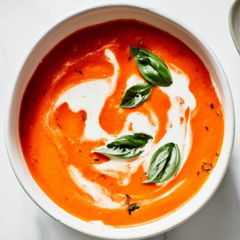 Homemade Comfort Soup: Tomato and Basil Soup, steaming hot, ready for dipping bread.
