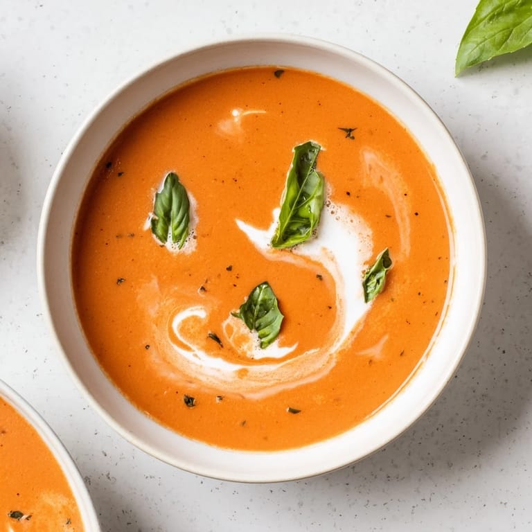 Bright red Comfort Soup: The Best Homemade Tomato and Basil Soup, with a swirl of cream.