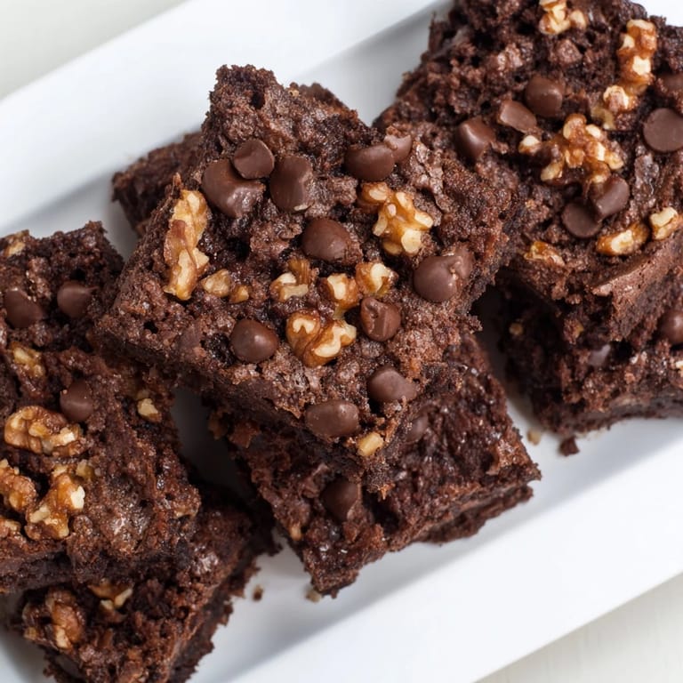 Delicious Fudgy Walnut Brownies, still in the baking pan, showing a glistening, chocolaty surface with walnuts.