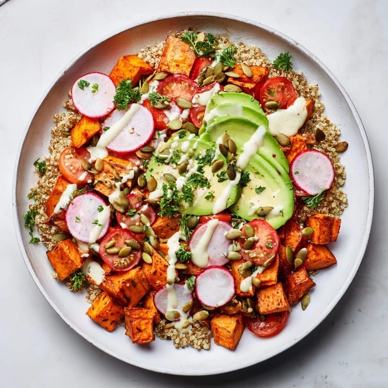 Fluffy quinoa and roasted veggies comprise this filling Complete Veggie Bowl, drizzled with flavorful tahini.
