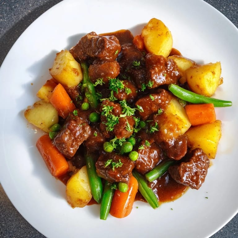 Steaming hot pressure cooker beef and vegetable stew, showcasing a vibrant medley of hearty, cooked vegetables.