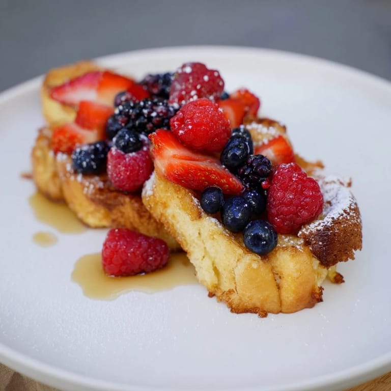 Fluffy brioche French toast, a perfect breakfast, topped with sweet berries and a maple syrup drizzle.