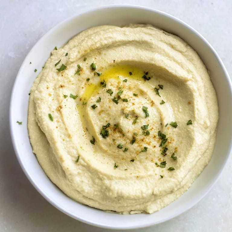 Freshly made Perfect 5-Minute Homemade Hummus, a smooth and delicious chickpea dip for snacking.