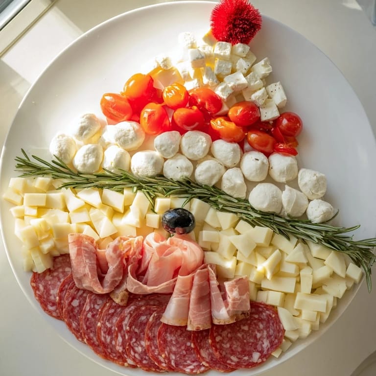 A whimsical Christmas party Santa's Beard and Hat Board charcuterie with salami and cheese ready to serve.
