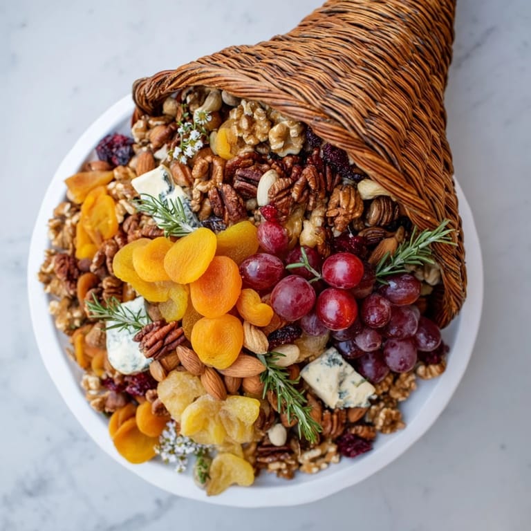 Delicious American Autumn Harvest Horn of Plenty centerpiece arranged with cheese, crackers, and fall garnishes.