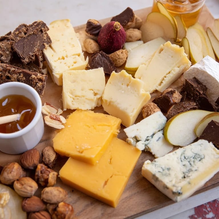 A visually inviting platter of Fireside Comfort & Cocoa: cheeses, chocolates, and warm, steaming cocoa.