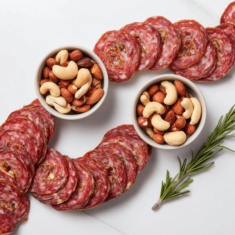 Visually stunning The Infinity Loop appetizer: woven salami around bowls of mixed roasted nuts and herbs.