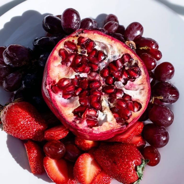 Beautifully arranged The Pomegranate Pivot features a halved pomegranate surrounded by fresh, colorful fruits.