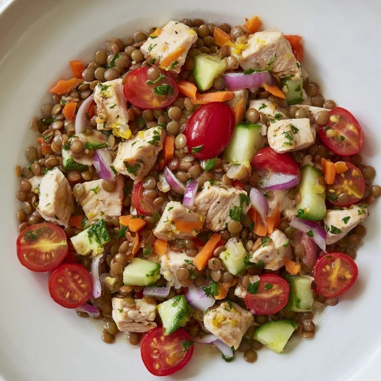 Hearty Chicken and Lentil Recession Salad, perfect for a high-fiber meal with optional feta cheese.
