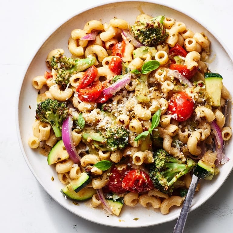 Vibrant image of ditalini with air-fried vegetables, tossed with fresh basil and Parmesan cheese.