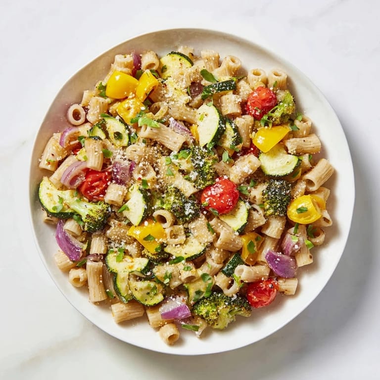 Close-up of a bowl of ditalini with air-fried vegetables, seasoned and ready to eat.