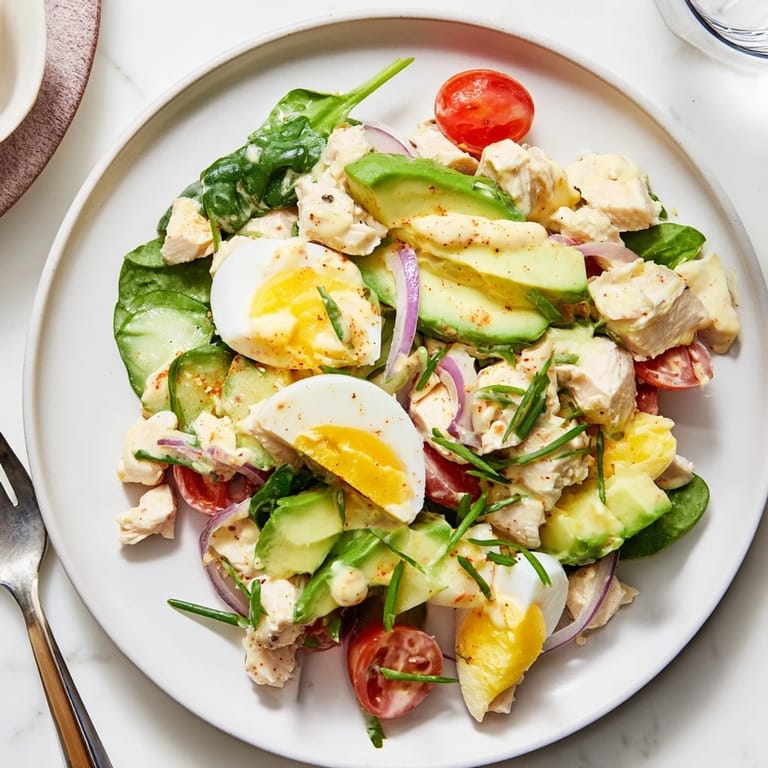 Delicious High-Protein Chicken and Egg Salad, a healthy and satisfying lunch with vibrant tomatoes.