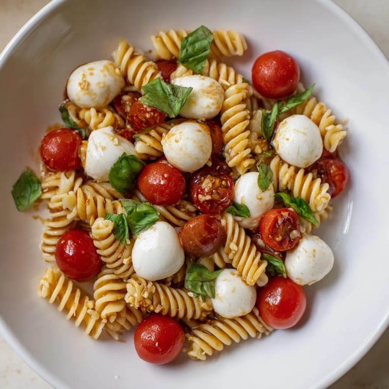 Homemade Caprese Pasta Salad bursting with fresh basil, tossed with perfectly cooked penne pasta.