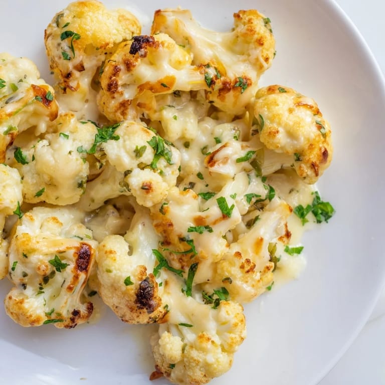 A close-up of baked Cheesy Cauliflower Mac with melted cheese and crispy browned topping.