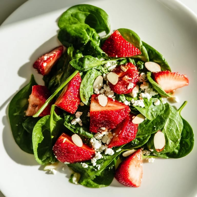 Fresh Strawberry Spinach Salad with toasted almonds and a light balsamic vinaigrette dressing.
