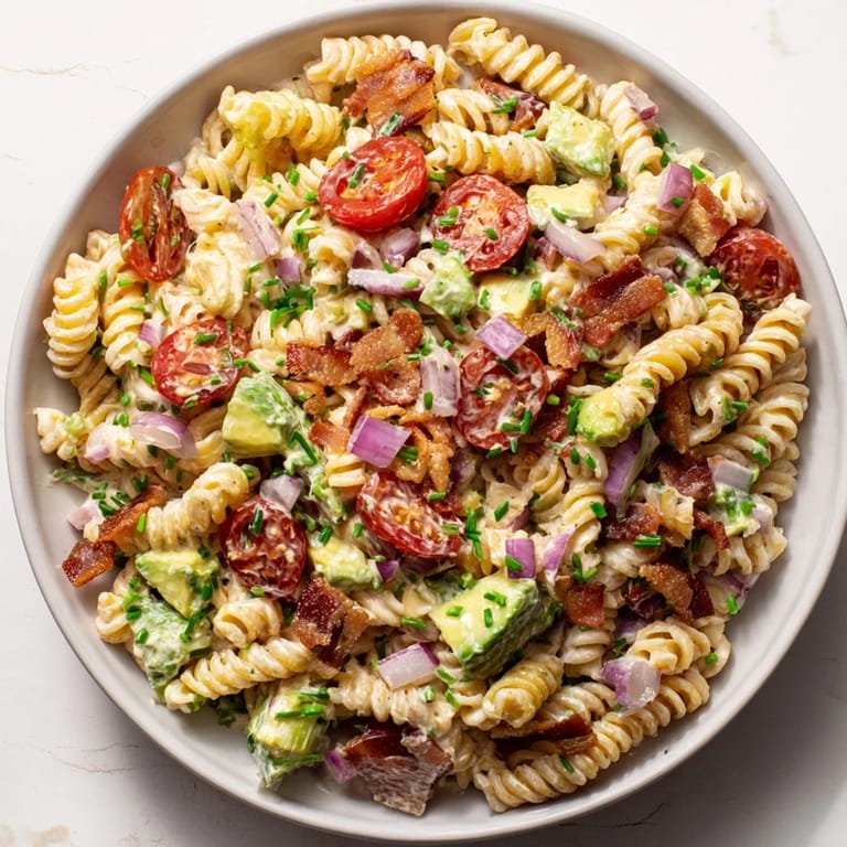 This BLT Pasta Salad features golden bacon crumbles, refreshing tomatoes, and flavorful creamy dressing.