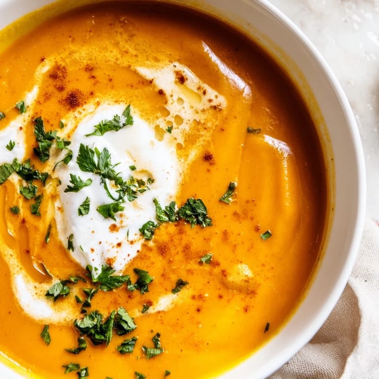 A bowl of velvety Sweet Maple Carrot Soup, inviting with a swirl of cream and vibrant color.