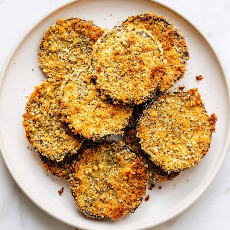 A close-up shot of perfectly baked Eggplant Parmesan Chips, showing their amazing, golden crust.