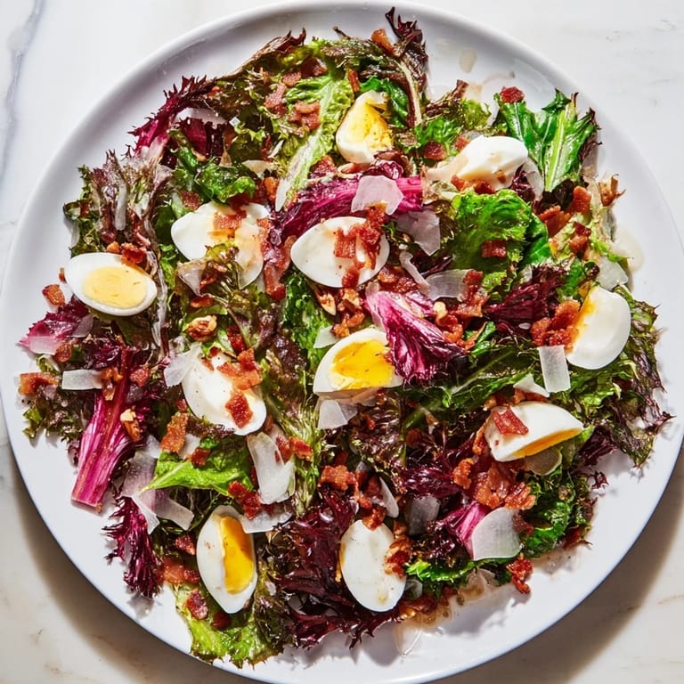 The visually appealing Bitter Greens Salad with warm bacon dressing, ready to eat, includes bacon bits.