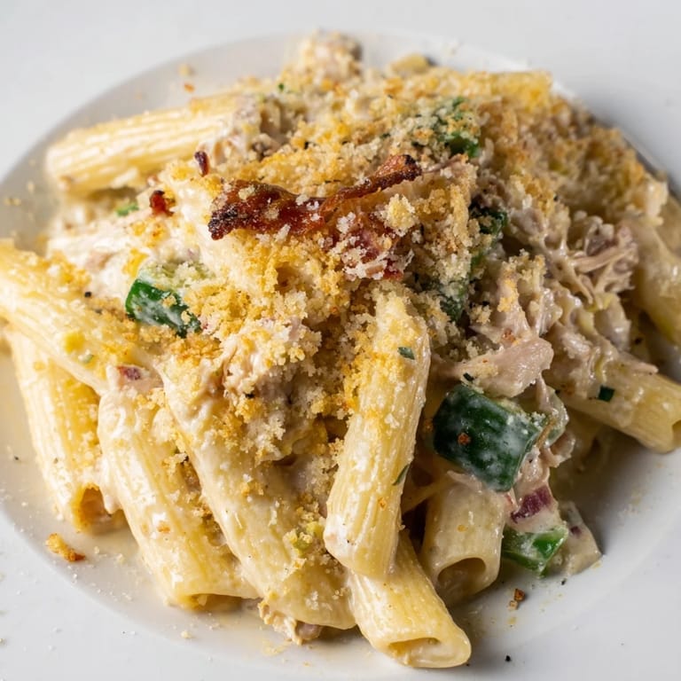 A close-up of steaming Jalapeño Popper Chicken Pasta, showcasing melted cheese and diced chicken.