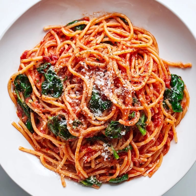 Close-up of the delicious quick marinara pasta with spinach, a quick weeknight dinner idea.